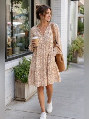 STORIA Tiered Babydoll Mini Dress Floral Medium Brown Cream Cottagecore Casual